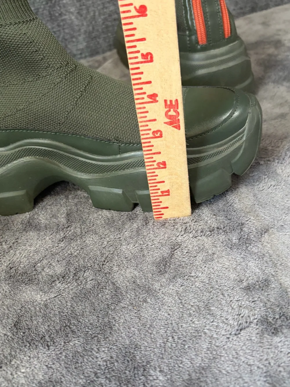Olive Green Knit Platform Chelsea Boots with Orange Pull Tab Accent Chunky Boot